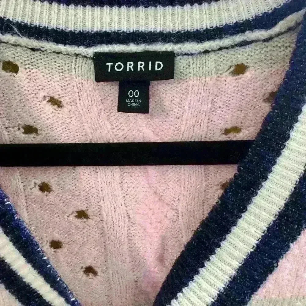 Plus 00 Torrid Vegan Cashmere Pullover Henley Striped Sweater Pink Navy Beige - Picture 2 of 5